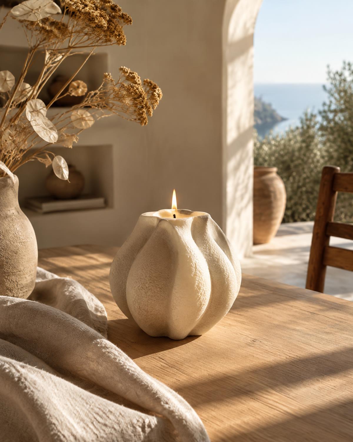 Vela artesanal y textiles naturales en un hogar sereno