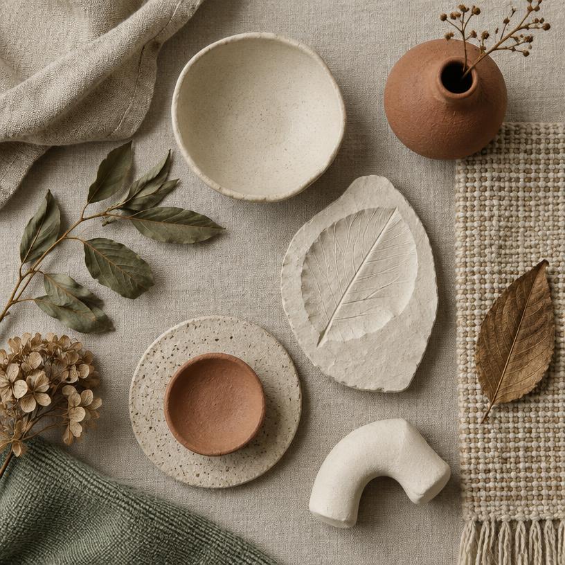 Textiles y piezas de tonos naturales